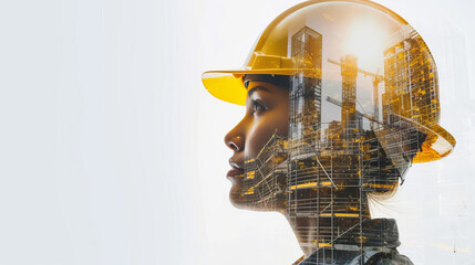 Portrait of a young construction worker woman with safety helmet letting see city buildings under construction on white background with copy space - Powered by Adobe