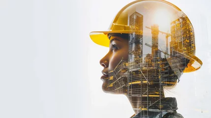Poster Portrait of a young construction worker woman with safety helmet letting see city buildings under construction on white background with copy space © Keitma