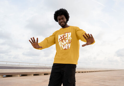 Mockup of man wearing customized sweatshirt, gesturing