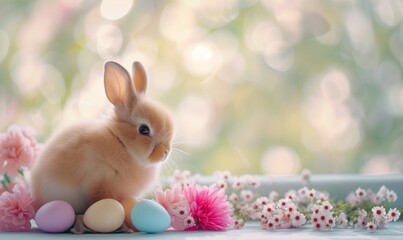 Naklejka na ściany i meble Cute baby bunny, adorable rabbit with Easter eggs and spring flowers