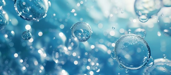 Cosmetic 3D rendering featuring water molecules enclosed in bubbles underwater.