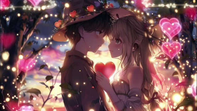 Anime couple with valentine decorations in the countryside and lights.seamless looping time-lapse virtual video animation background
