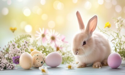 Cute baby bunny, adorable rabbit with Easter eggs and spring flowers