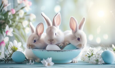 Naklejka na ściany i meble Group of three cute bunnies, adorable rabbits with easter eggs and spring flowers sitting on festive table blue pastel background with bokeh