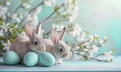 Naklejka na ściany i meble Two cute bunnies, adorable rabbits with easter eggs and spring flowers sitting on festive table blue pastel background with bokeh