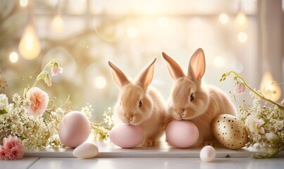 Two cute bunnies, adorable rabbits with easter eggs and spring flowers sitting on pastel background with bokeh