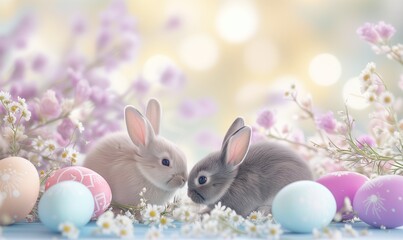 Naklejka na ściany i meble Two cute bunnies, adorable rabbits with easter eggs and spring flowers sitting on pastel background with bokeh