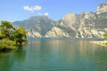 View of the Sarca river which flows into Lake Garda, Torbole, Trentino Alto Adige, Italy