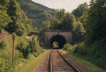 Fototapeta premium Rusty train tracks lead into a dark tunnel in a desaturated landscape