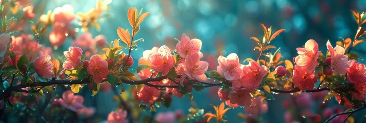 awakening of spring in a lush garden, where every frame is filled with blooming flowers of various colors, budding trees, and the vibrant green of new leaves - obrazy, fototapety, plakaty