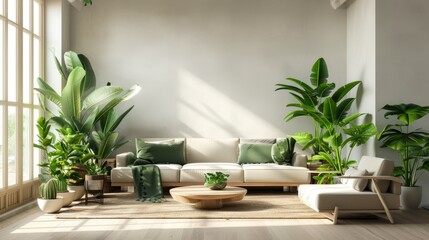 Interior of living room with green houseplants and sofas