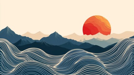 Japanese background with line wave pattern vector. Abstract template with geometric pattern. Mountain layout design in oriental style