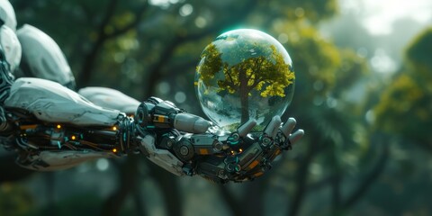 A Futuristic Robot Holds A Glass Globe With A Tree, Promoting Environmental Preservation. Сoncept Futuristic Robot, Glass Globe, Tree, Environmental Preservation, Promotional Campaign
