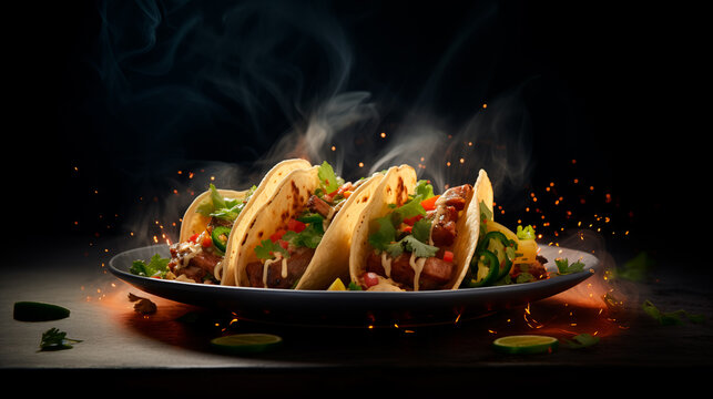 Delicious Tacos Mexican Streetfood BBQ Plate Smoke Flames Dining Grill Food Yummy Menu Meal Grilled Sizzling Tasty Culinary Quesadillas, Enchiladas, Nachos, Burritos, Fajitas, Salsa, Guacamole, Appeti