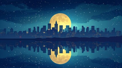 Night sky and moon reflection in water city silhouette vector cityscape illustration - obrazy, fototapety, plakaty