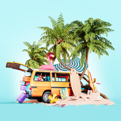 Summer travel concept. Orange van with luggage on the beach sand with palm trees on blue background. 3D Rendering, 3D Illustration	