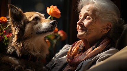 A Look Full of Love: Priceless Moments of Warmth and Understanding Between the Elderly and a Faithful Friend. Woman and dog