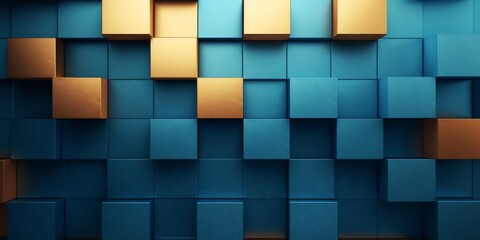Abstract Background Of Gold And Blue Cubes Randomly Arranged In A Grid. Сoncept Abstract Geometric Design, Metallic Gold And Blue Cubes, Grid Pattern, Dynamic Composition
