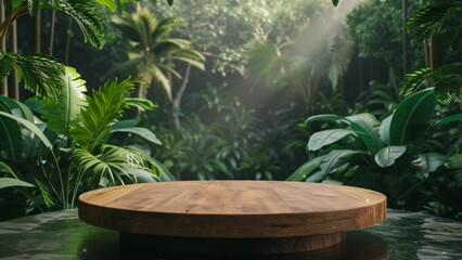 Wooden podium in tropical forest for product presentation and green background. 3d rendering