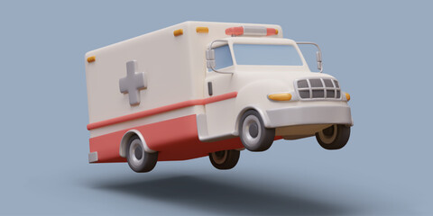 3D ambulance on blue background. Emergency, urgent. Vehicle speeds towards patient
