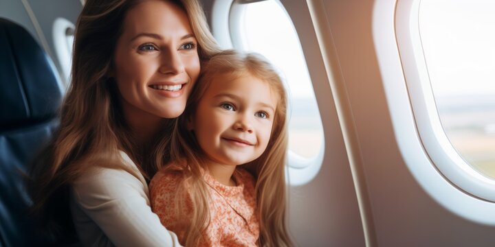 Cheerful Mother And Daughter In An Airplane, Eagerly Looking Out The Window. Сoncept Adventure Travel, Mother-Daughter Bonding, Excitement Of Flying, Window Views, Family Memories