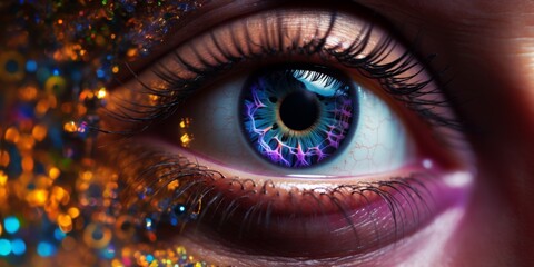 Closeup Of A Vibrant, Mesmerizing Eye Showcasing The Intricate Details In Its Iris. Сoncept Abstract Art, Macro Photography, Creative Makeup, Eye Photography, Optical Illusion