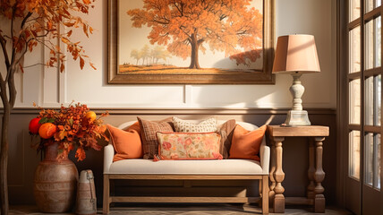 Autumnal hallway decor, interior design and house decoration, welcoming autumn entryway furniture, stairway and entrance hall home decor in an English country house and cottage style