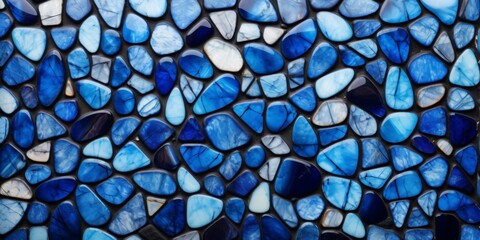 Aesthetic Focus: Abstract Blue And Black Ceramic Stones Complement Detailed Mosaic Background. Сoncept Abstract Art, Ceramic Sculptures, Mosaic Art, Blue And Black Colors, Aesthetic Photography