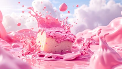 A burst of sugary joy explodes from the vibrant pink liquid, adorned with delicate flowers and a heavenly slice of birthday cake