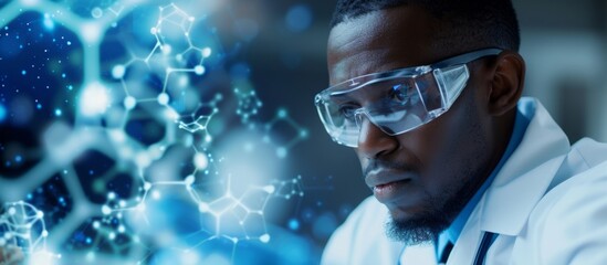 An African scientist is generating scientific ideas and solving problems in a lab, using glass surfaces for writing and planning related to medical health and mathematical concepts.
