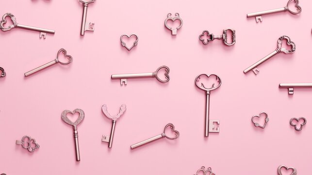 Vintage keys pattern on pink background