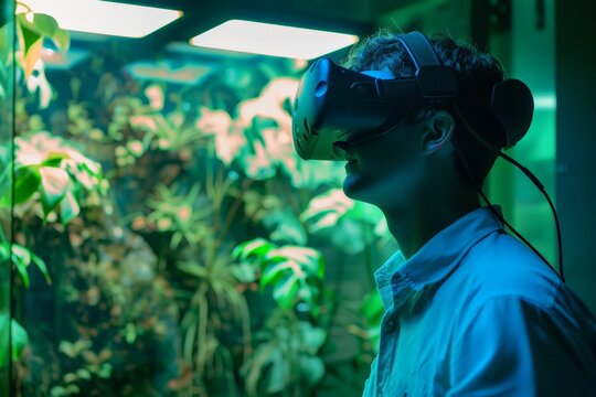 Scientist in VR headset with plants backdrop. Virtual reality, augmented reality concept. Futuristic technology and future. Ecology and green lifestyle. Science, biology, research