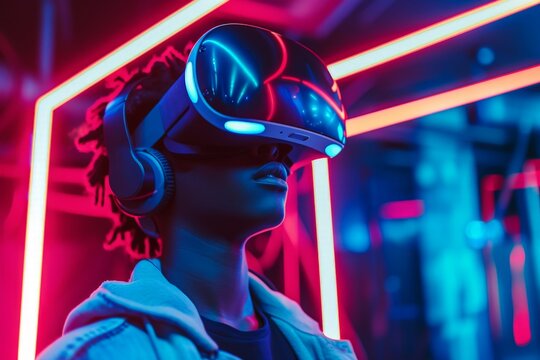 African american man with VR headset on neon background. Virtual reality, augmented reality concept. Futuristic technology. Cyberpunk aesthetics