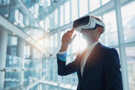Businessman using virtual reality headset in modern office. Virtual reality, augmented reality concept. Futuristic technology in business. Design for banner, poster with copy space