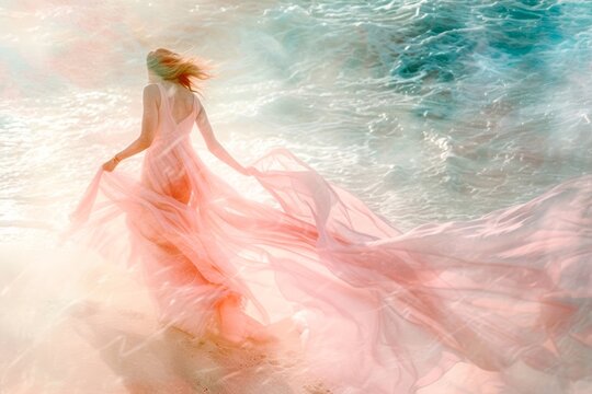 A graceful ballerina, dressed in a flowing pink gown, pirouettes across the sandy canvas as if dancing to a vibrant painting come to life