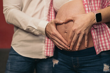 Pregnant Couple in Living Room Forming A Heart on Belly With Their Hands. Young pregnant couple...