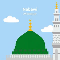Green Dome of the Prophet's Mosque or Nabawi Mosque and minarets background suitable for Mawlid Al Nabi and Isra Miraj, Eid and Ramadan decoration.