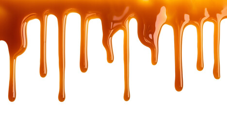 Dripping Melted caramel sauce drops isolated on transparent background - obrazy, fototapety, plakaty