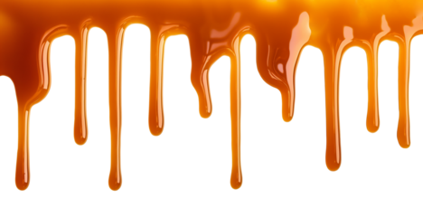 Dripping Melted caramel sauce drops isolated on transparent background