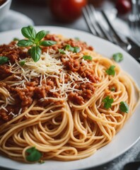 Delicious Italian spaghetti with bolognese at decorative cozy kitchen
