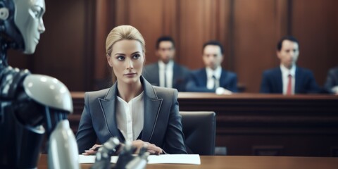 Female Robot Attentively Observing Business Negotiation In Courtroom. Сoncept Tech Innovation In Health Care, Sustainable Energy Solutions, Future Of Space Exploration