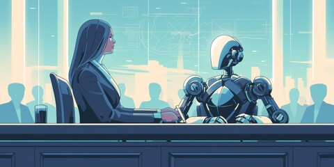 Comic-Style Poster Design: Female Robot Intently Observes Business Negotiation In Courtroom. Сoncept Retro Futurism, Sci-Fi Illustration, Courtroom Drama, Female Empowerment