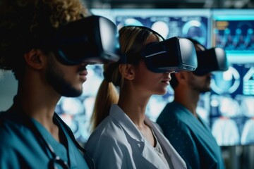 Group of medical staff with virtual reality headsets. Virtual reality, augmented reality concept. VR / AR metaverse simulation. Medical training and future medicine 