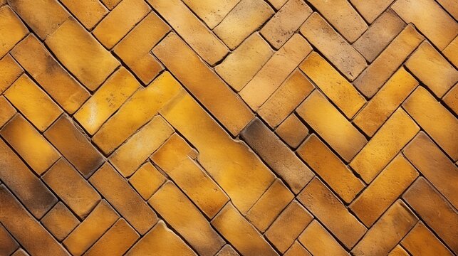 Pattern with rectangular yellow brick tiles in the form of a herringbone diagonal texture abstract background of old brick ceramic cobblestone top view idea for easy desk wallpaper