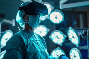 Female surgeon in VR headset in an operating room. Virtual reality, augmented reality concept. VR / AR metaverse simulation. Medical training and future medicine 