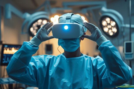 Surgeon with virtual reality headset in an operating room. Virtual reality, augmented reality concept. VR / AR metaverse simulation. Futuristic medicine and future technology. Professional education - Powered by Adobe