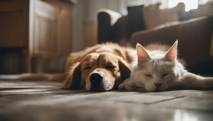 cat and dog sleep together on the floor inside the house in friendship

 - Powered by Adobe