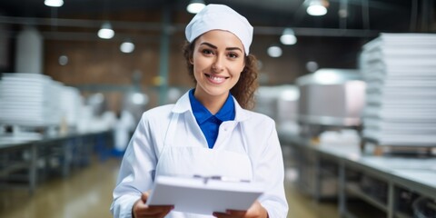 Efficient Food Processing Technologist Ensures Quality Control And Satisfaction In Factory. Сoncept Food Safety Measures, Quality Assurance, Efficient Production Techniques, Customer Satisfaction - obrazy, fototapety, plakaty
