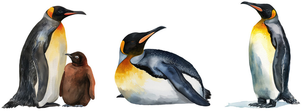 Watercolour style illustration clipart collection of king penguins isolated on a whte background