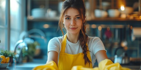 Janitor Woman Equipped With Cleaning Tools Tidying Up Kitchen Space Professionally. Сoncept Professional Cleaning Services, Organized Kitchen Spaces, Efficient Janitorial Work - obrazy, fototapety, plakaty